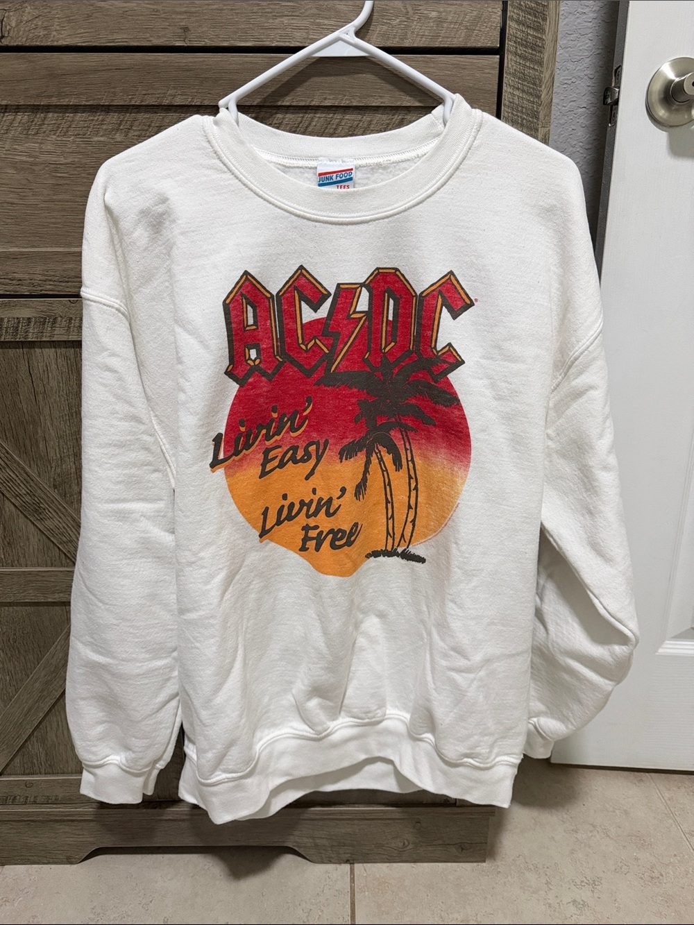 AC/DC White Crewneck with Red & Blue Label Detail
